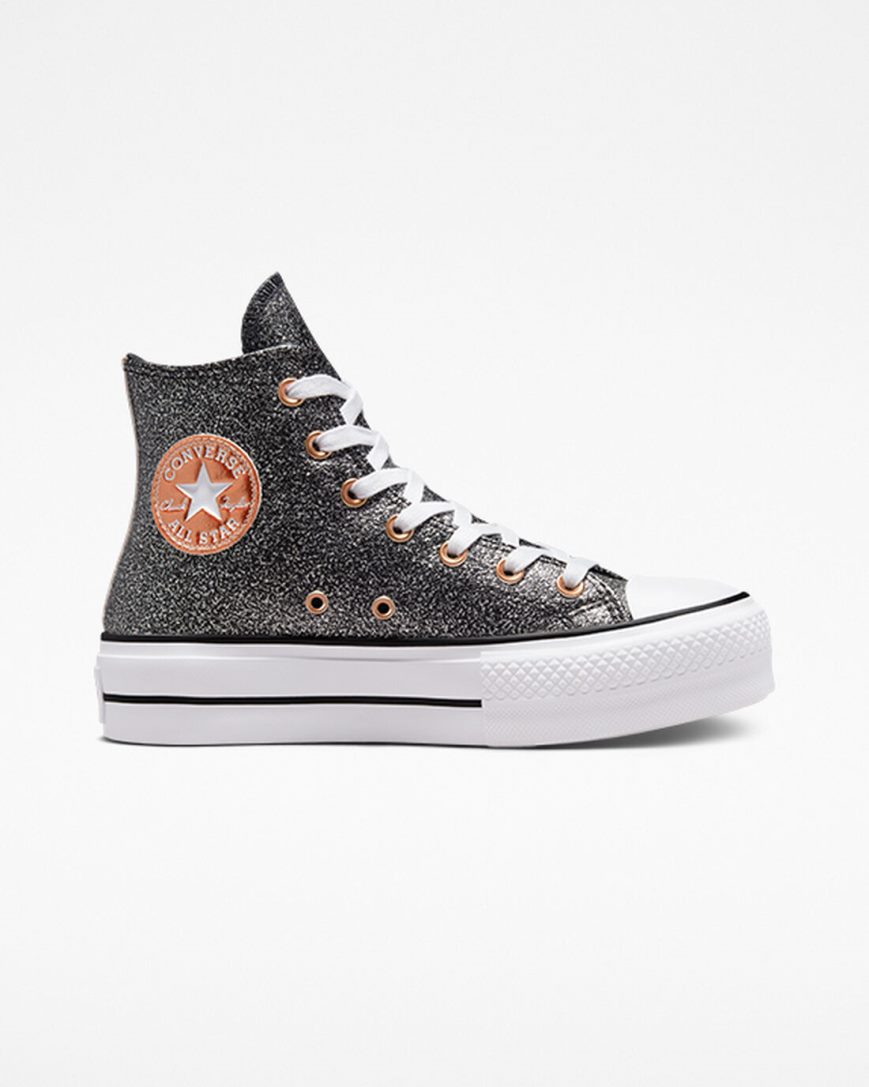 Zapatos Plataforma Converse Chuck Taylor All Star Lift Metallic Glitter Altas Mujer Negras Cobra Blancas | PE 72WEL4